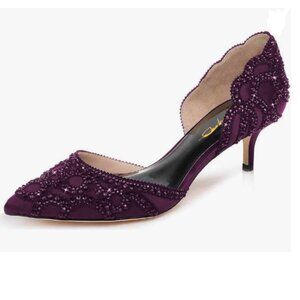 XYD Dark Purple Pointed Toe D'Orsay Kitten Heel Rhinestone Studs Wedding Pump